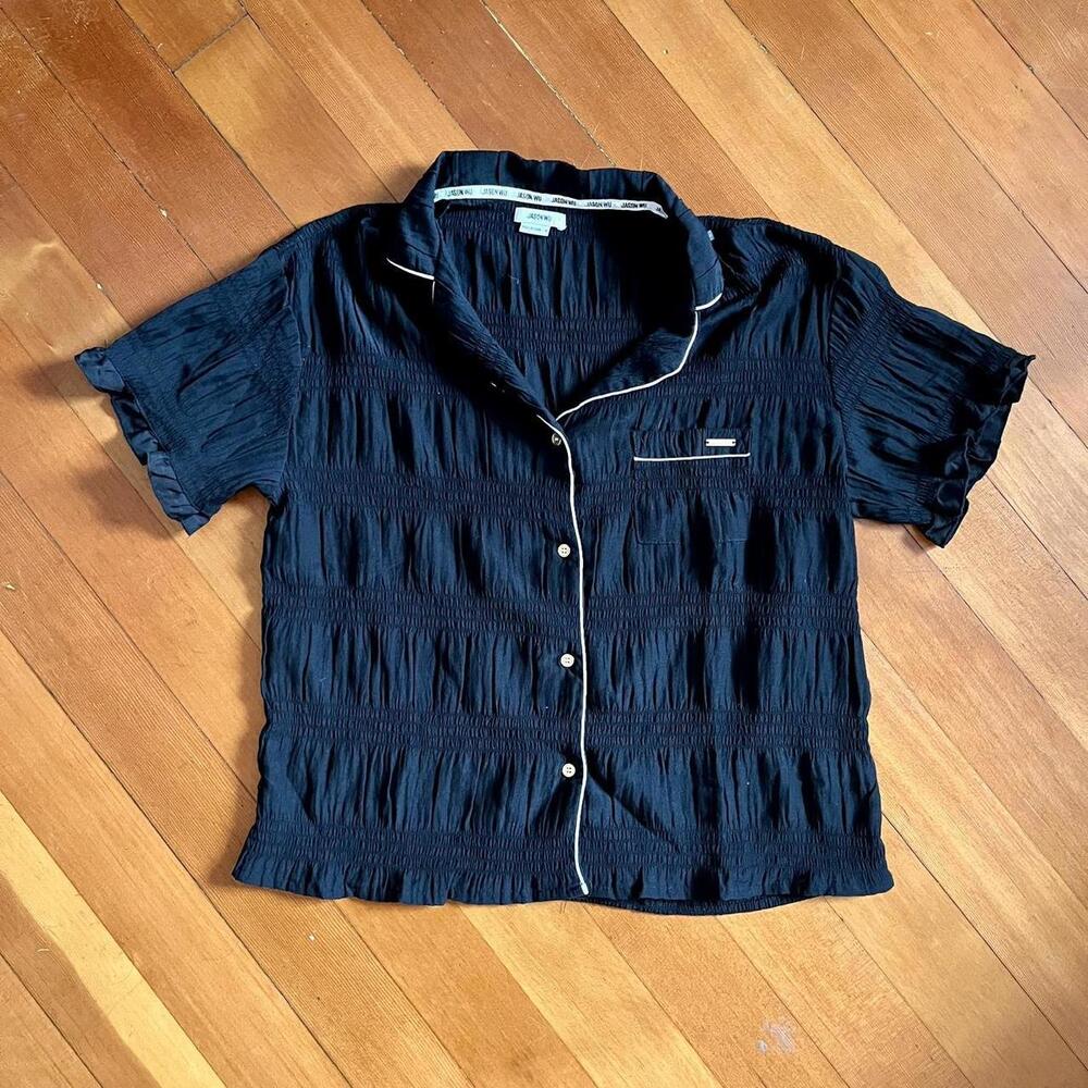J Jason Wu Black Ruched Smocked Top w/ White Pipe Trim& Ruffle Sleeve, Size M